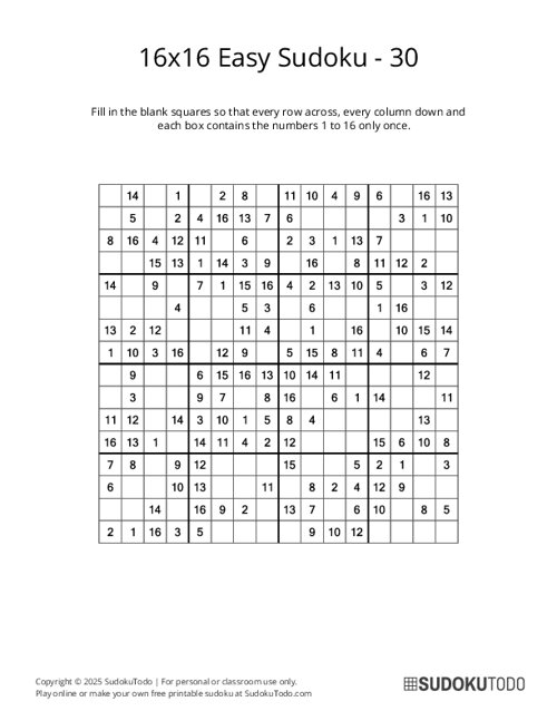 16x16 Sudoku - Easy - 30