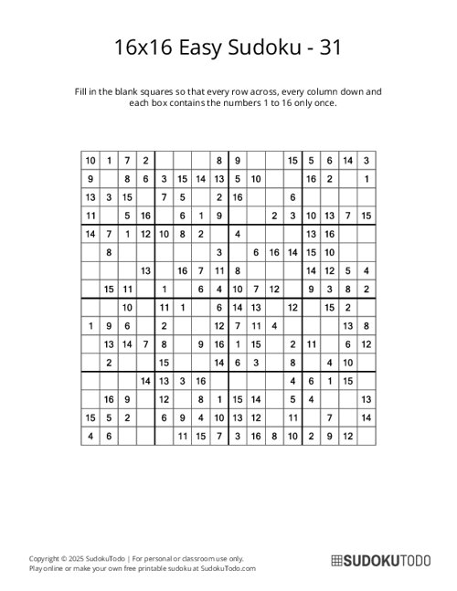 16x16 Sudoku - Easy - 31