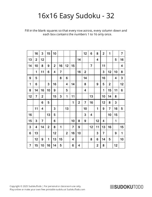 16x16 Sudoku - Easy - 32