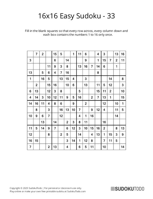 16x16 Sudoku - Easy - 33