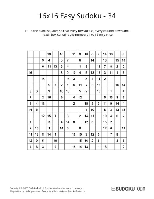 16x16 Sudoku - Easy - 34