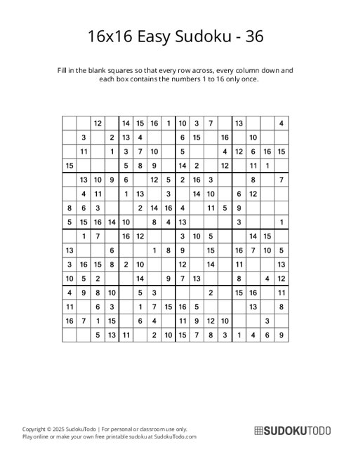 16x16 Sudoku - Easy - 36