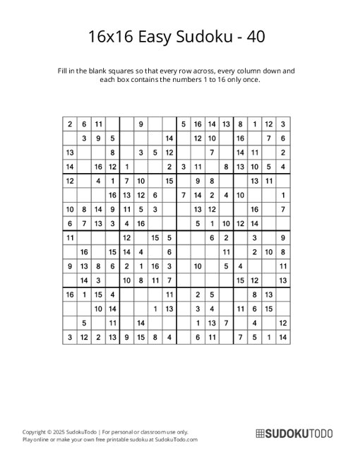 16x16 Sudoku - Easy - 40