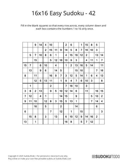 16x16 Sudoku - Easy - 42