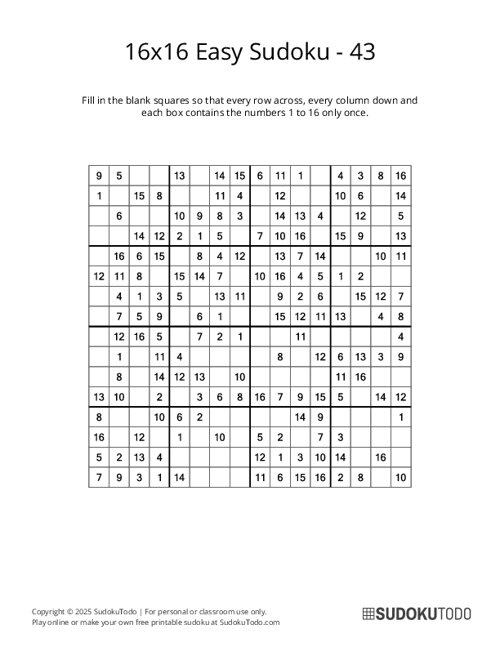 16x16 Sudoku - Easy - 43