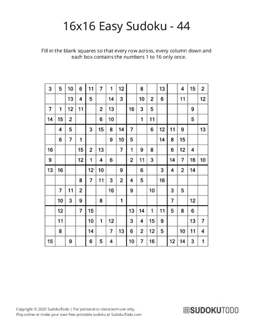 16x16 Sudoku - Easy - 44