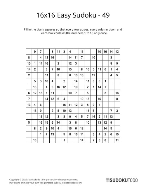 16x16 Sudoku - Easy - 49