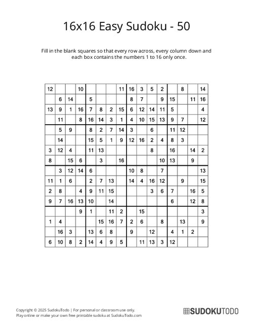 16x16 Sudoku - Easy - 50