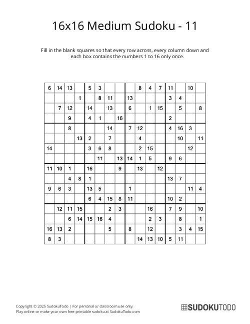 16x16 Sudoku - Medium - 11