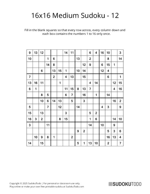 16x16 Sudoku - Medium - 12