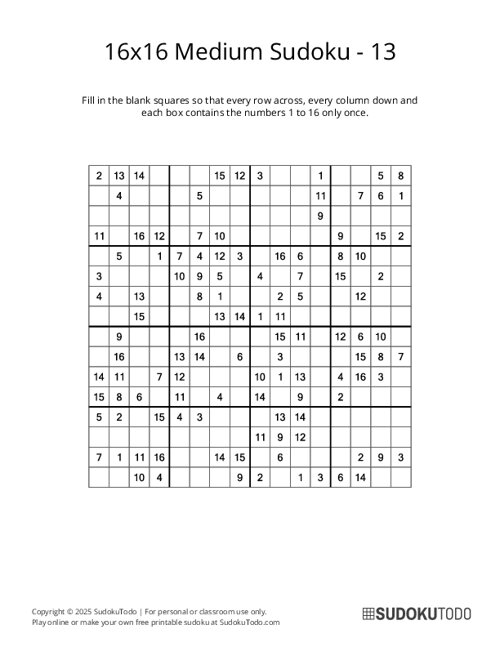 16x16 Sudoku - Medium - 13