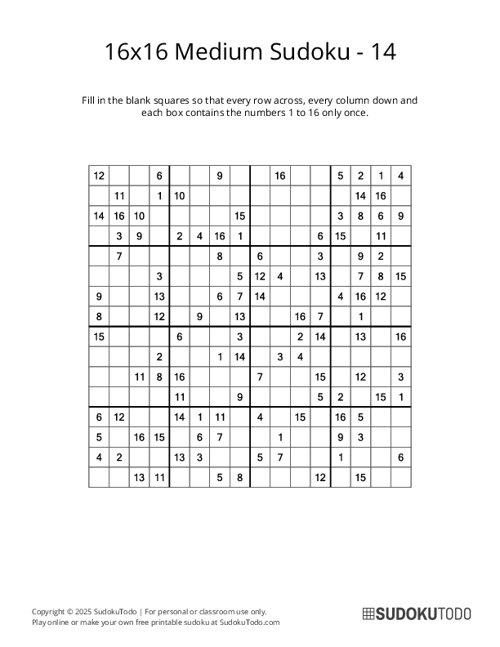 16x16 Sudoku - Medium - 14