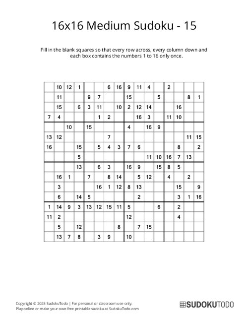 16x16 Sudoku - Medium - 15