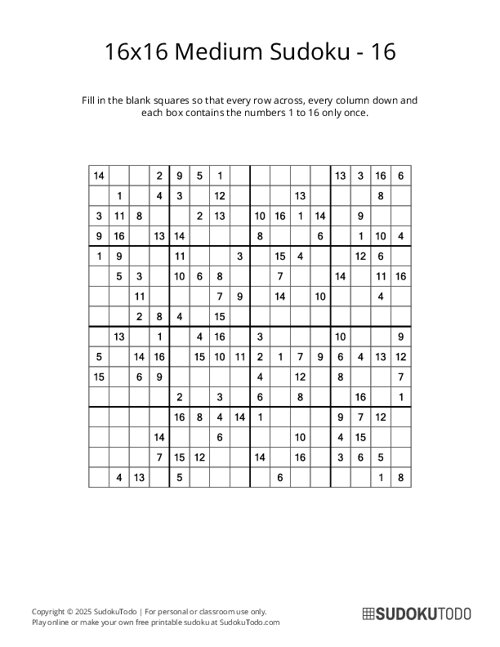 16x16 Sudoku - Medium - 16