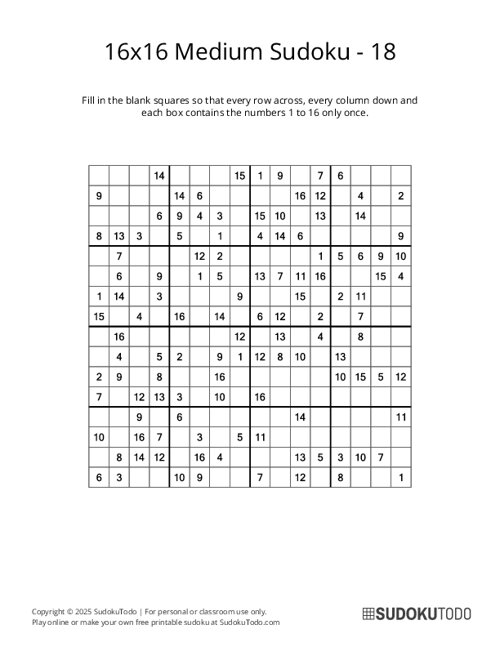 16x16 Sudoku - Medium - 18