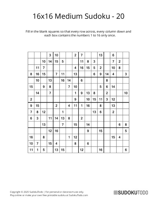 16x16 Sudoku - Medium - 20