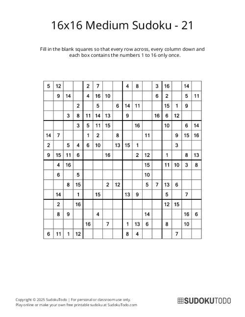 16x16 Sudoku - Medium - 21