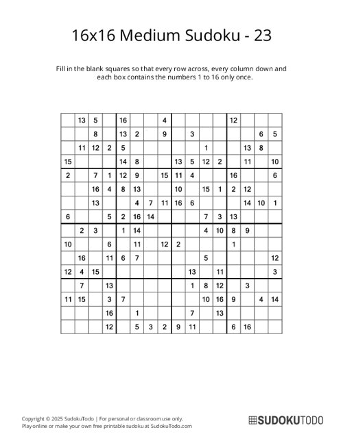 16x16 Sudoku - Medium - 23