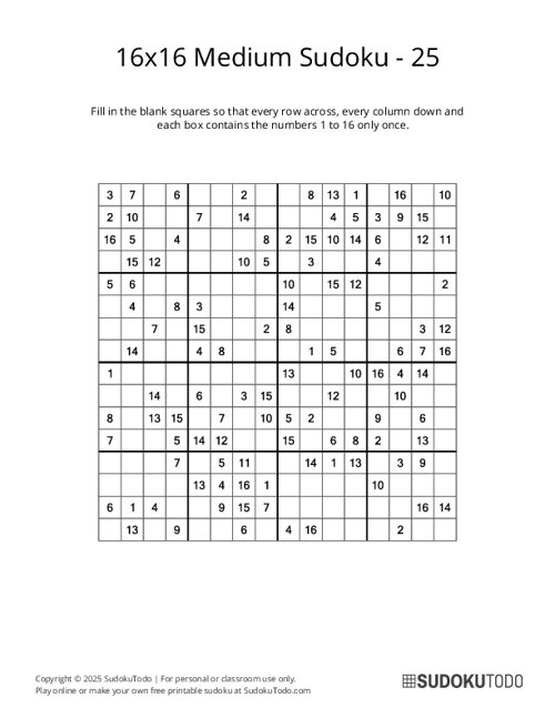 16x16 Sudoku - Medium - 25