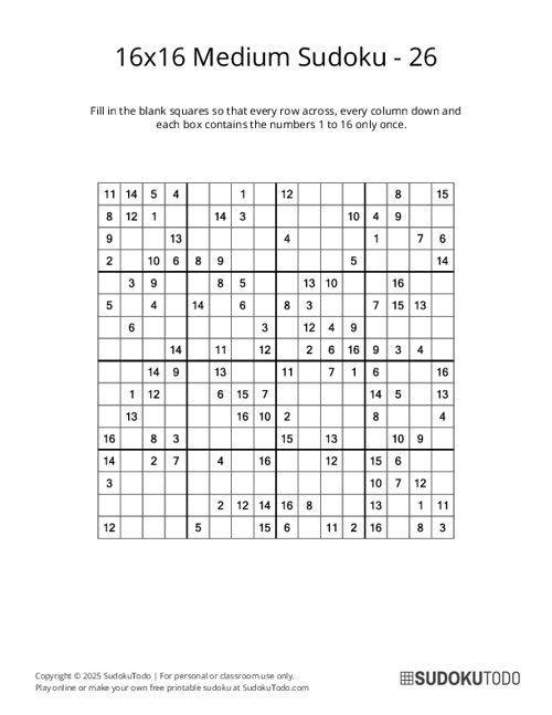 16x16 Sudoku - Medium - 26