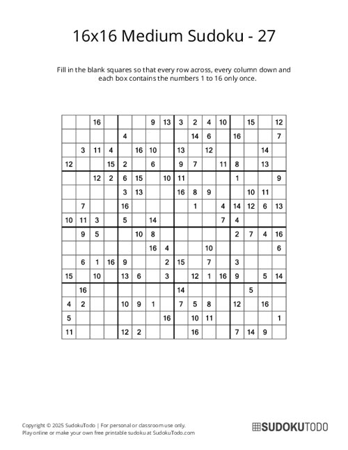 16x16 Sudoku - Medium - 27