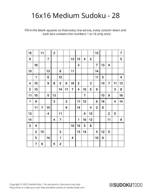 16x16 Sudoku - Medium - 28