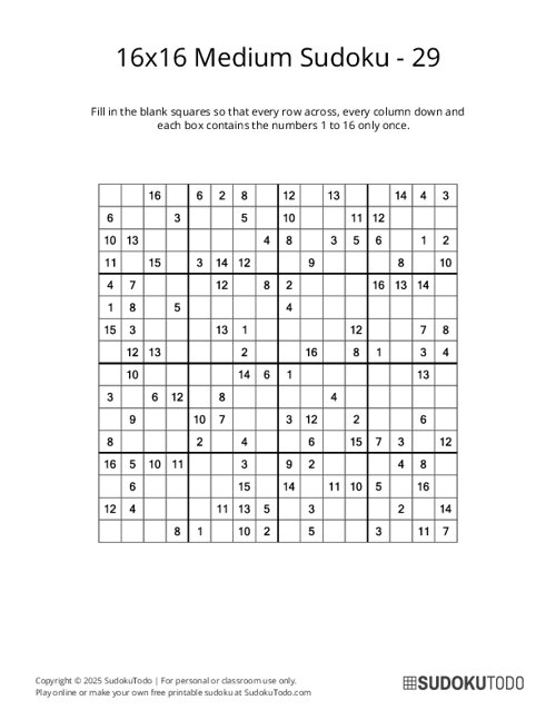 16x16 Sudoku - Medium - 29