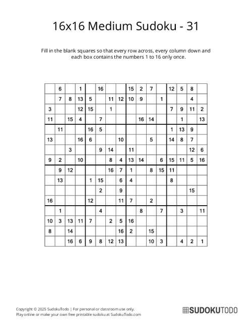 16x16 Sudoku - Medium - 31