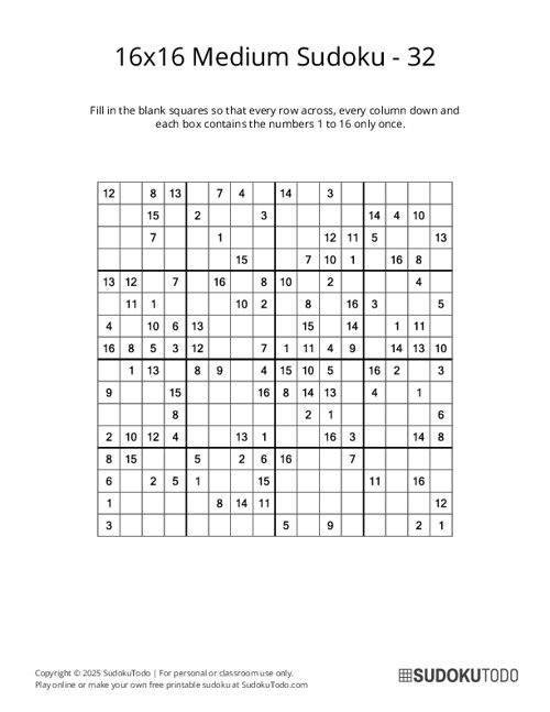 16x16 Sudoku - Medium - 32