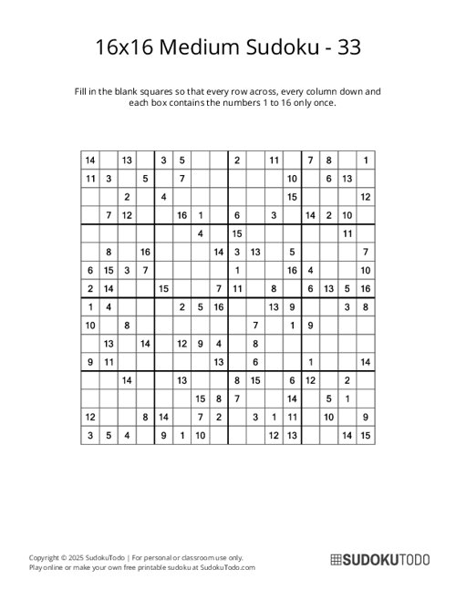 16x16 Sudoku - Medium - 33