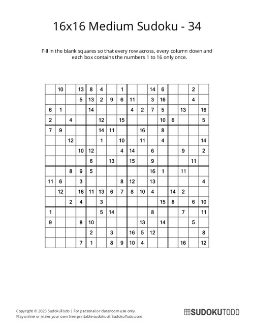 16x16 Sudoku - Medium - 34