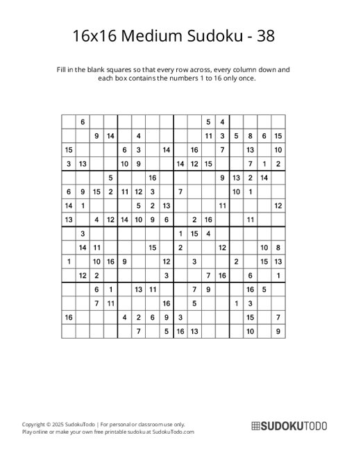 16x16 Sudoku - Medium - 38