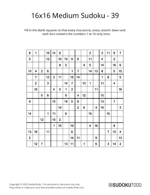 16x16 Sudoku - Medium - 39