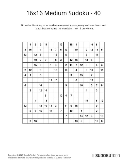 16x16 Sudoku - Medium - 40