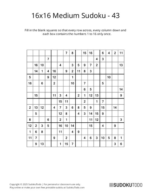 16x16 Sudoku - Medium - 43