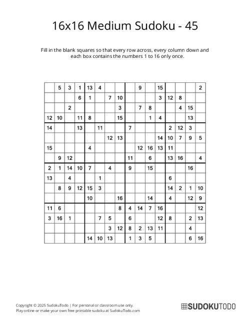 16x16 Sudoku - Medium - 45