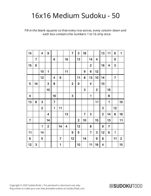 16x16 Sudoku - Medium - 50