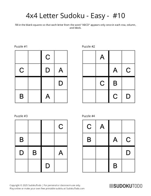 4x4 Letter Sudoku - Easy - 10