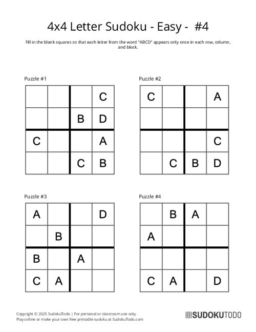 4x4 Letter Sudoku - Easy - 4