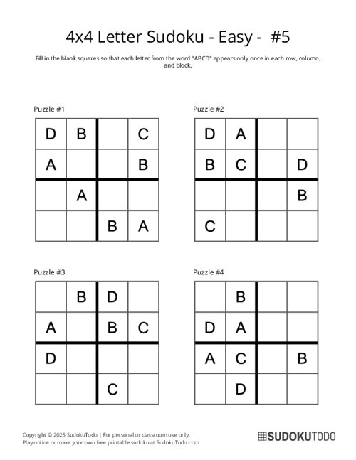 4x4 Letter Sudoku - Easy - 5