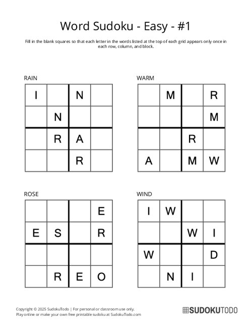 4x4 Word Sudoku - Easy - 1