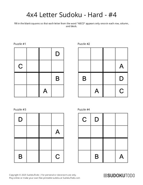 4x4 Letter Sudoku - Hard - 4