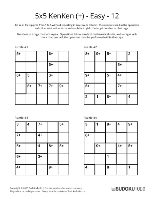 5x5 KenKen (+) - Easy - 12