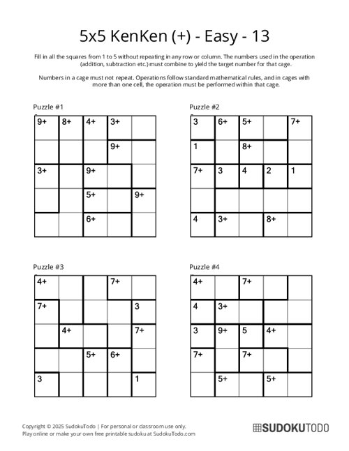 5x5 KenKen (+) - Easy - 13