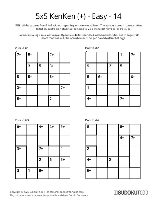 5x5 KenKen (+) - Easy - 14