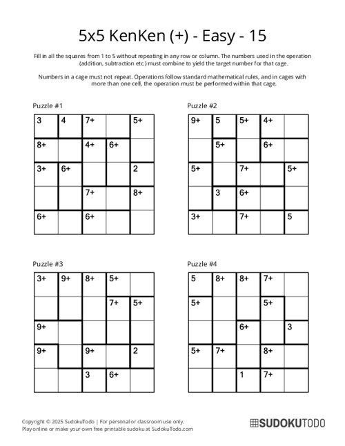 5x5 KenKen (+) - Easy - 15