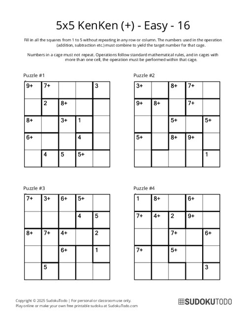 5x5 KenKen (+) - Easy - 16