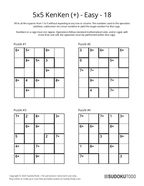 5x5 KenKen (+) - Easy - 18