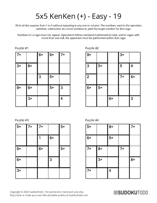 5x5 KenKen (+) - Easy - 19