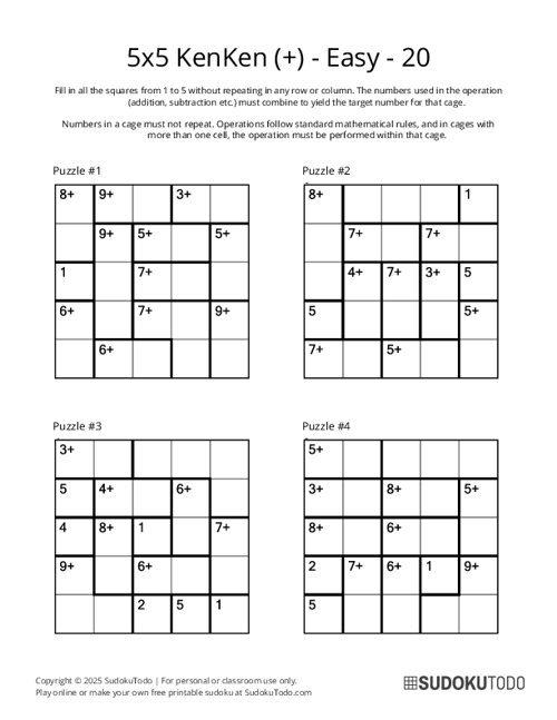 5x5 KenKen (+) - Easy - 20